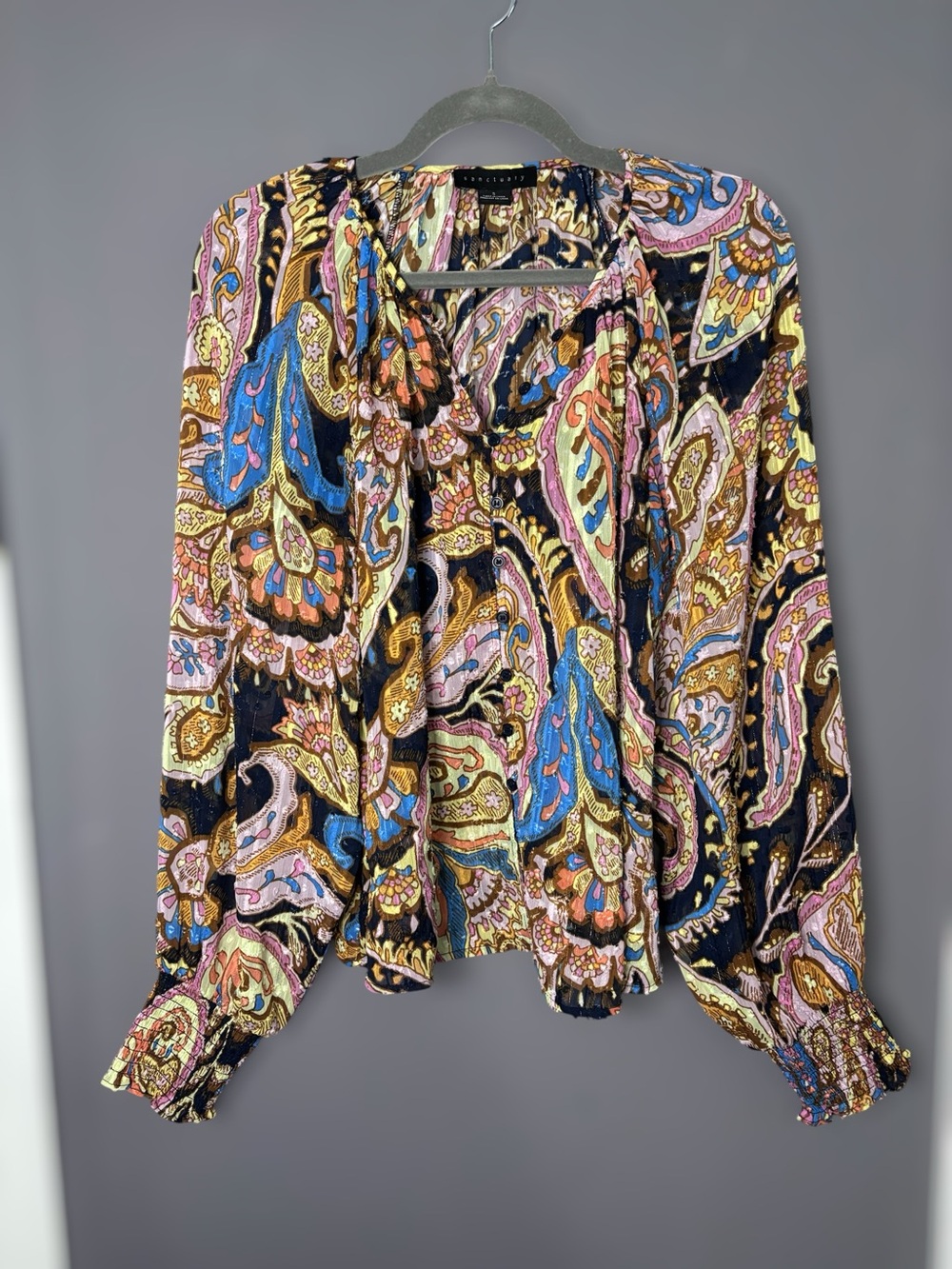 Sanctuary Yellow Brown Paisley Metallic Button Front Blouse Small